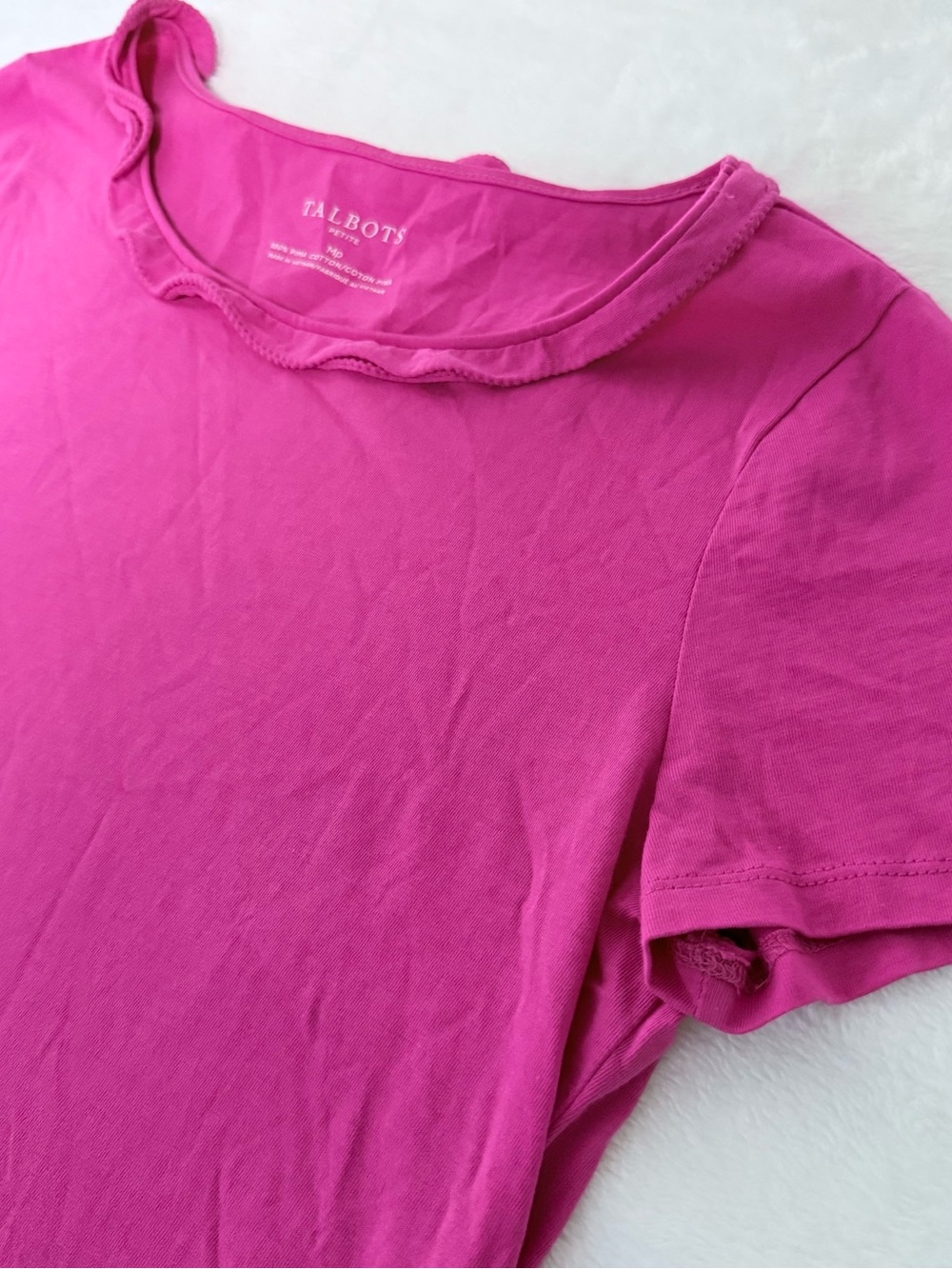 Talbots Petite MP Medium Pima Cotton Pink T Shirt Scallop Neck Short Sleeve
